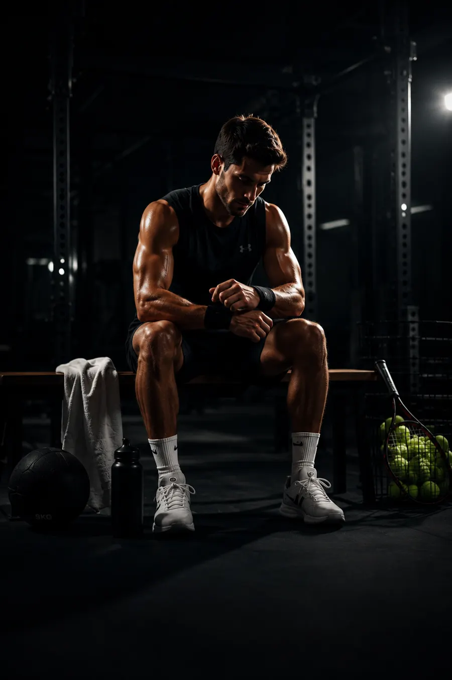 Player resting on a bench in the weight room