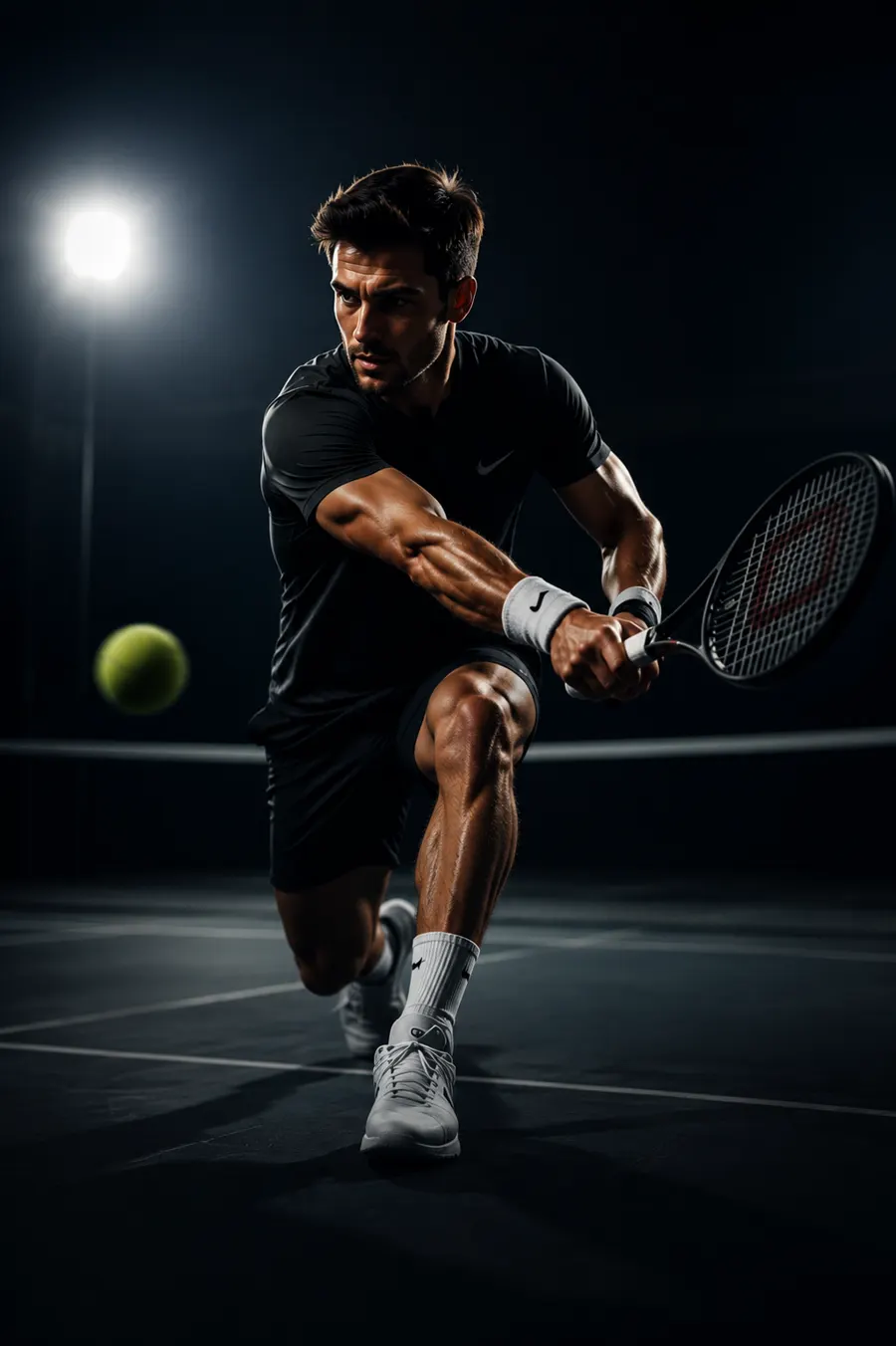 Player lunging wide to reach a low forehand
